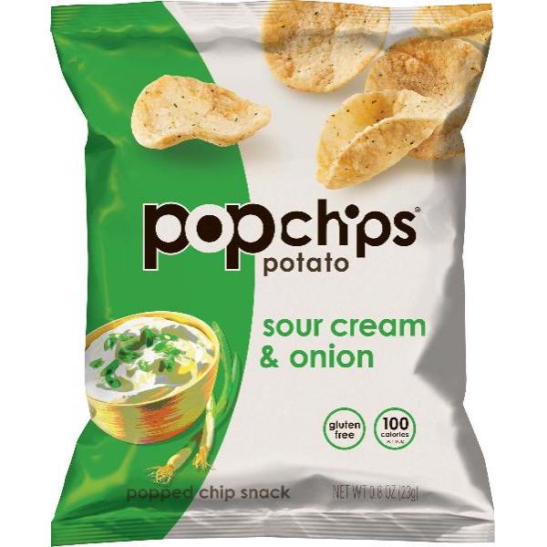 Popchips Sour Cream & Onion Potato Chip Snack 0.8 Ounce Size - 24 Per Case.