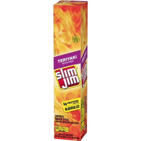 Slim Jim Giant Smoked Meat Snack Stick Teriyaki Seasoned Stick Count 0.97 Ounce Size - 144 Per Case.