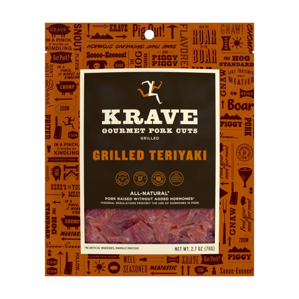 Krave Grilled Teriyaki Gourmet Pork Cuts 8 Count Packs - 1 Per Case.