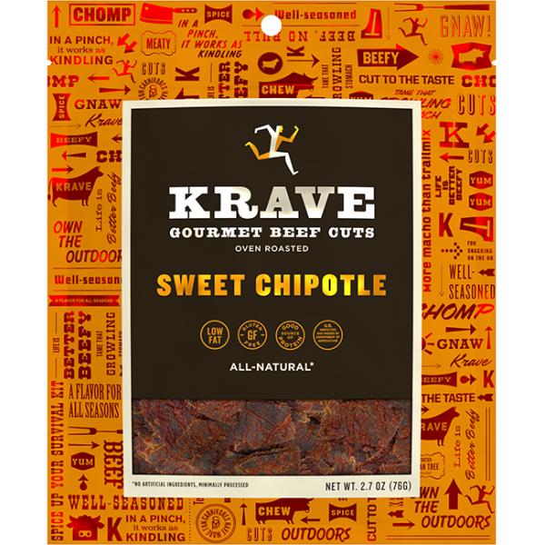 Krave Sweet Chipotle Gourmet Beef Cuts 2.7 Ounce Size - 8 Per Case.