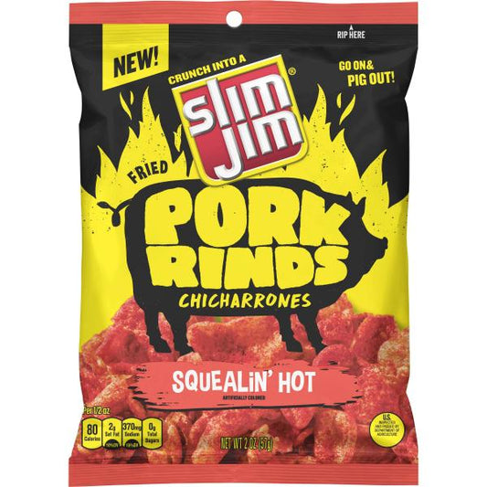 Slim Jim Pork Rinds Squealin' Hot Fried Snacks Keto Friendly Bag Count 2 Ounce Size - 12 Per Case.