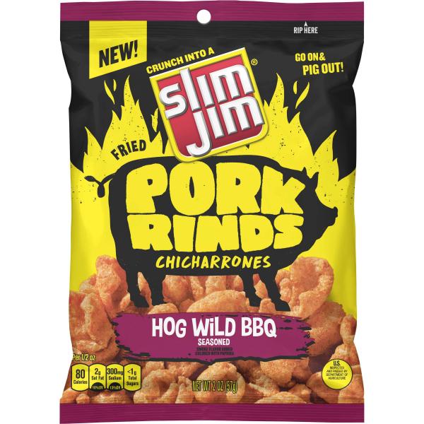 Slim Jim Pork Rinds Hog Wild BBQ Fried Snacks Keto Friendly Bag Count 2 Ounce Size - 12 Per Case.