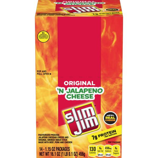 Slim Jim Original Beef Snack Stick 'n Jalapeno Cheese Count 1.15 Ounce Size - 84 Per Case.