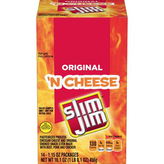 Slim Jim Original Beef Snack Stick 'n Cheese Snack Count 1.15 Ounce Size - 84 Per Case.