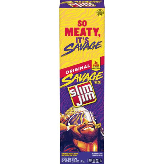 Slim Jim Savage Original Flavor Smoked Meat Snack Sticks Count 3 Ounce Size - 72 Per Case.