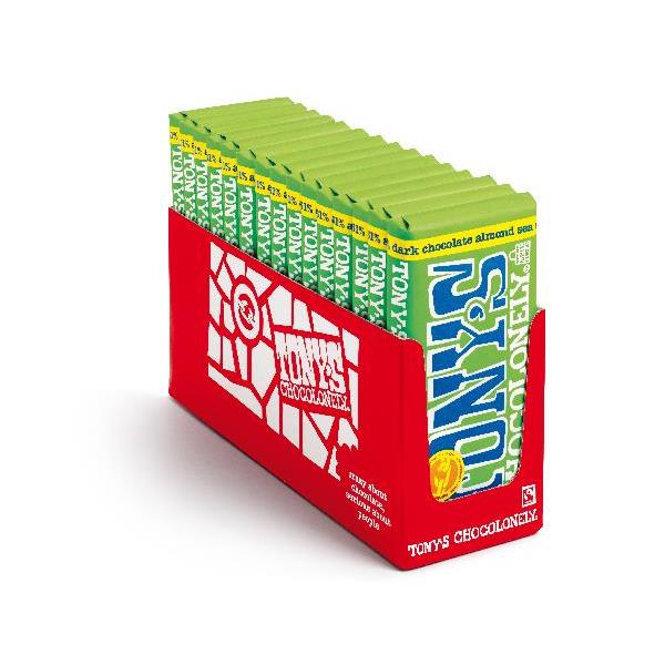 Tony's Chocolonely Dark Chocolate Bar With Almonds & Sea Salt 6.35 Ounce Size - 15 Per Case.