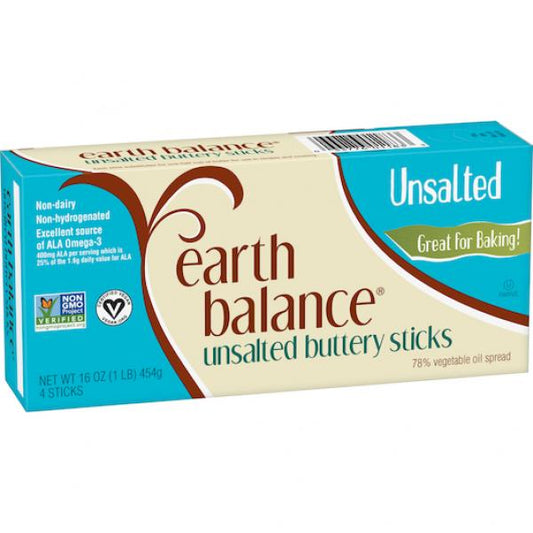 Earth Balance Unsalted Buttery Sticks Vegan Sticks 16 Ounce Size - 18 Per Case.