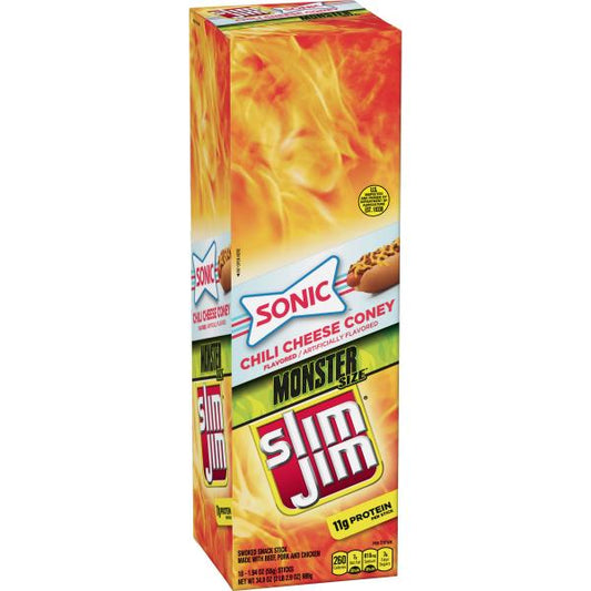 Slim Jim Monster Size Meat Sticks Sonic Chili Cheese Coney Flavor Count 1.94 Ounce Size - 108 Per Case.