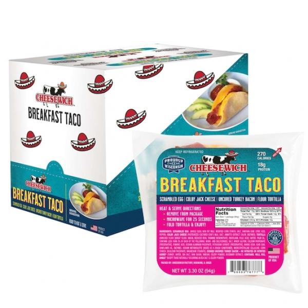 Cheesewich Breakfast Taco Tortilla Scrambledegg Colbyjack Cheese Uncured Turkey Bacon 3.23 Ounce Size - 24 Per Case.