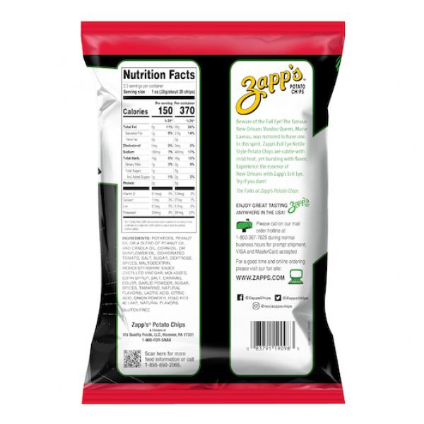 Zapp's Potato Chips New Orleans Kettle Style Evil Eye Kettle Chips 2.5 Ounce Size - 10 Per Case.