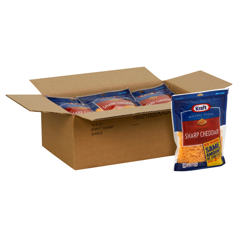 Kraft Natural Sharp Cheddar Cheese Shreds, 8 Ounce Size - 12 Per Case.