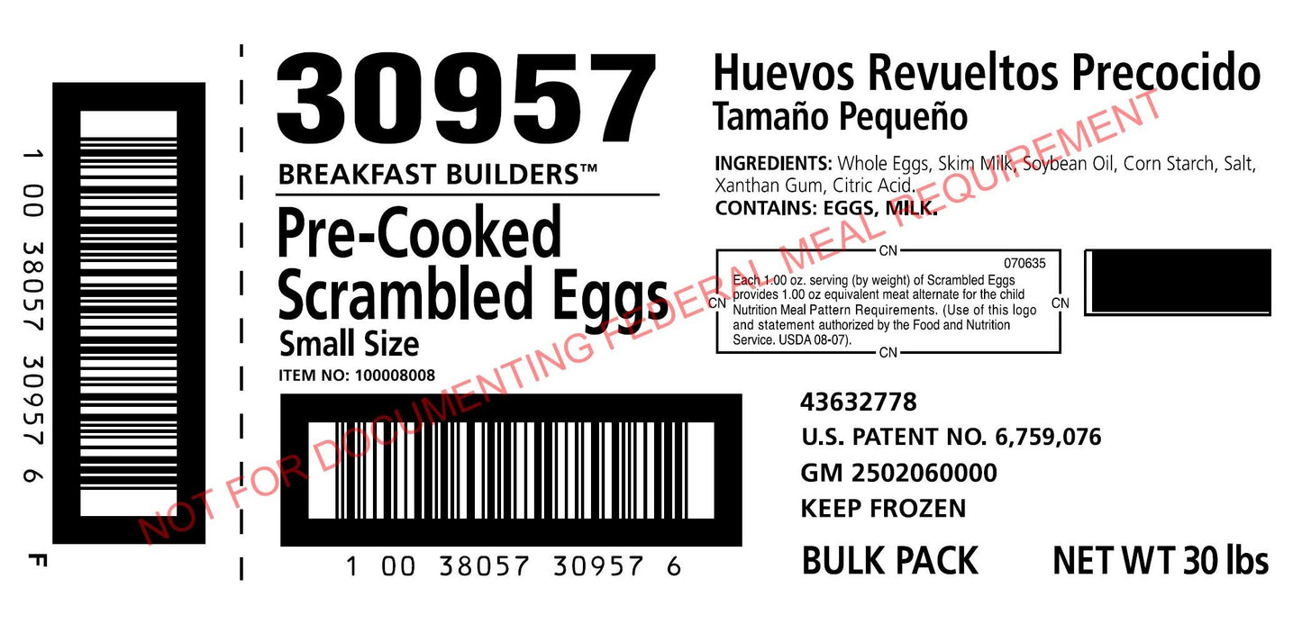 Precooked Scrambled Eggs Small Curd Bulk Frozen 30 Pound Each - 1 Per Case.