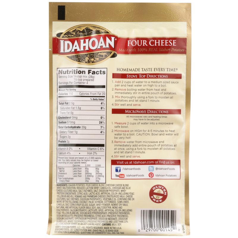 Idahoan Foods Four Cheese Mashed Potatoes Pouch 4 Ounce Size - 12 Per Case.