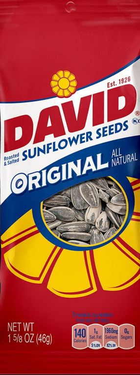 David Original Sunflower Seeds 1.625 Ounce Size - 144 Per Case.