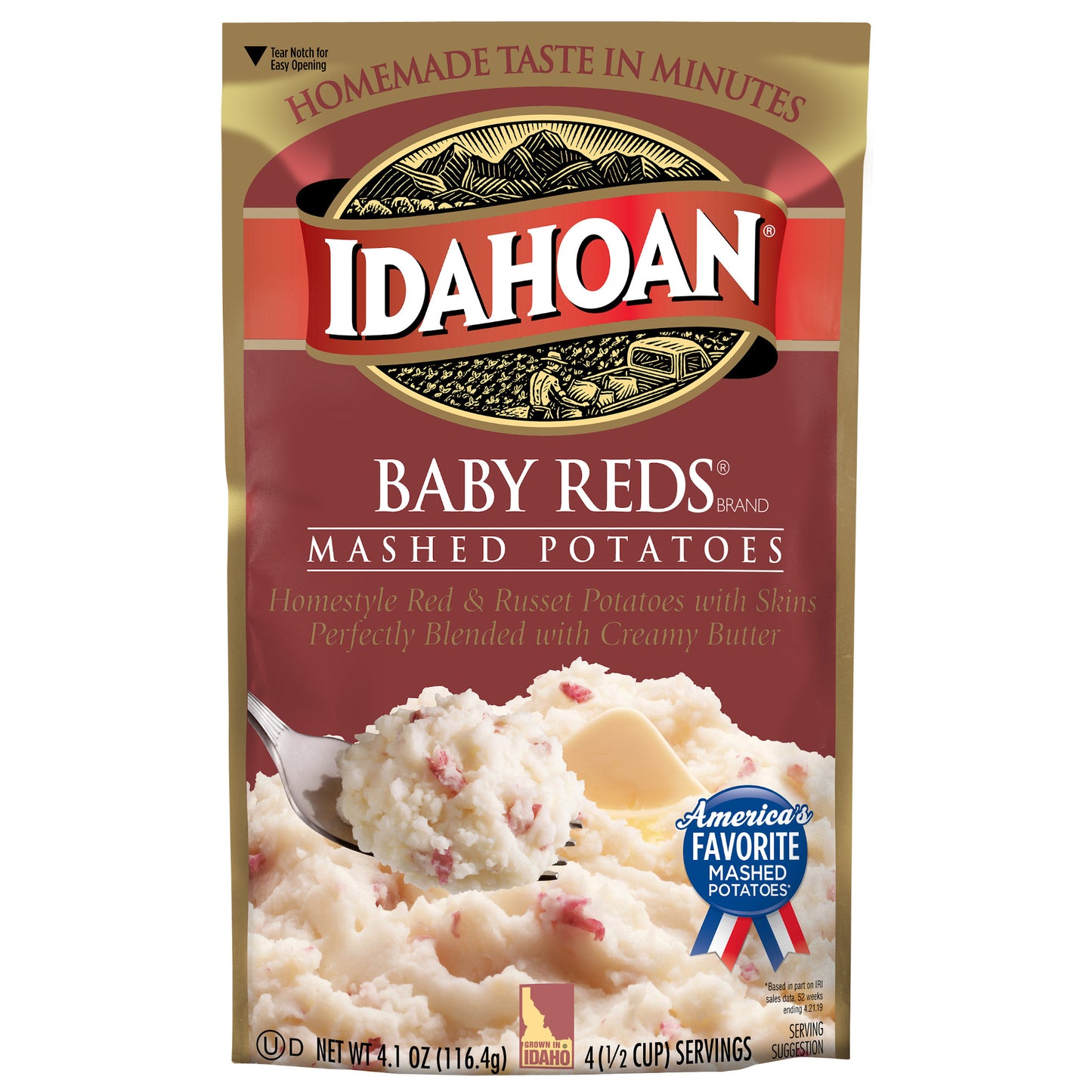 Idahoan Baby Reds Mashed PotatoesPouch 4.1 Ounce Size - 10 Per Case.