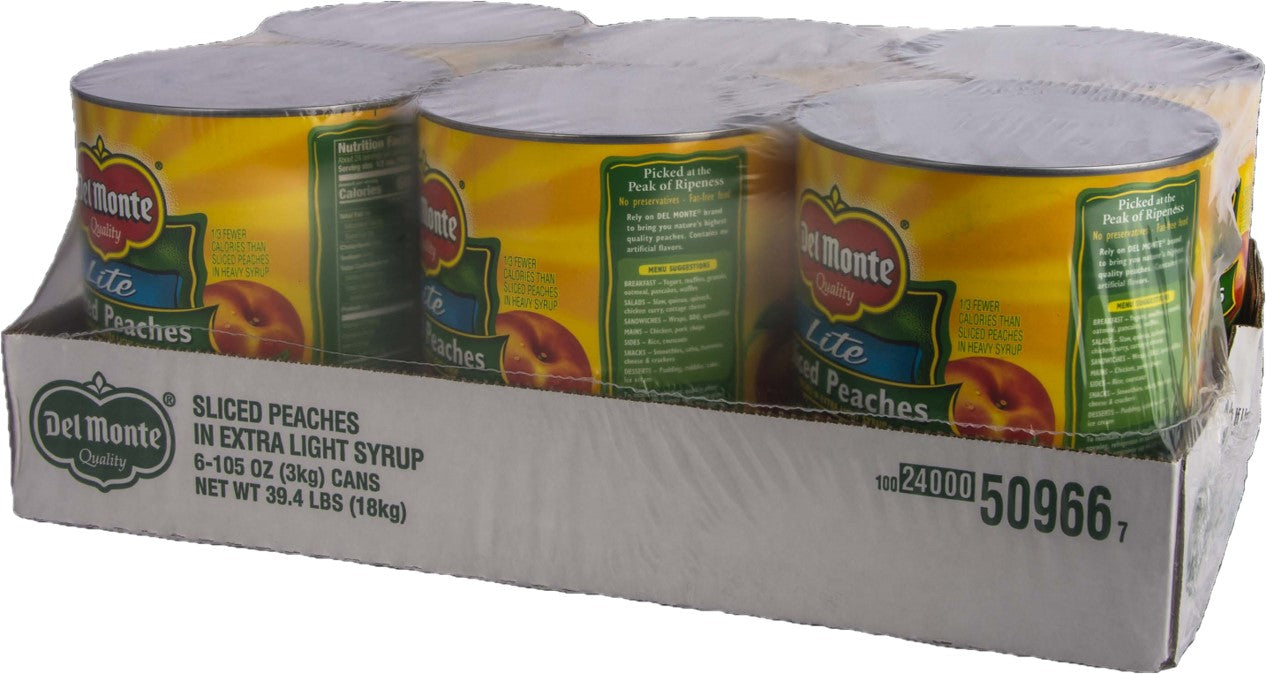 Del Monte® Quality Lite Sliced Peaches Can 105 Ounce Size - 6 Per Case.